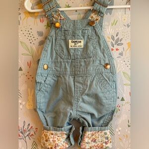 Oshkosh Baby B’gosh Like New Minty Green Floral Lined Cuff Overalls sz 3 Months